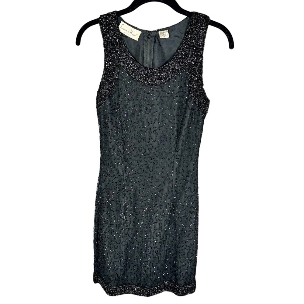 VTG Laurence Kazar Black Beaded Cocktail Dress 100% Silk‎ Art Deco Inspired XS